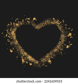 Gold heart on black background.  Heart frame for text. Hand drawn spray paint heart. Grunge vector hearts. Valentine background. 