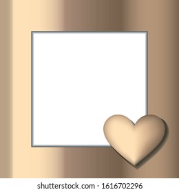 Gold heart on the frame. Metallic template for greeting card. Love message. Saint Valentine Day symbol with text space