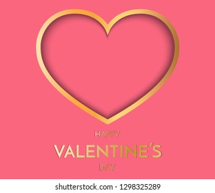 Gold Heart on Pink Background. Symbol of love. Valentine Day greeting card. Festive Card for Happy Valentine s Day. Vector illustration