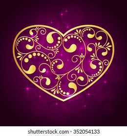 gold heart on violet background. vector illustration