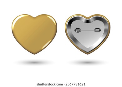 Gold heart pin badge mockup. Golden badge button brooch. Realistic blank heart shape glossy gold button badge pin with metal back cover. 3d Vector illustration.