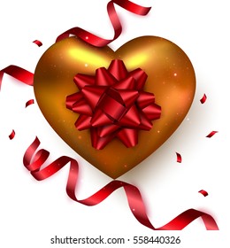 Gold heart with red ribbon, confetti on white background for Valentines card, wedding invitation. Vector illustration
