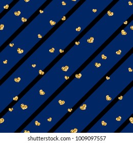 Gold heart seamless pattern. Black-blue geometric stripes, golden confetti-hearts. Symbol of love, Valentine day holiday. Design wallpaper, background, fabric texture Vector illustration