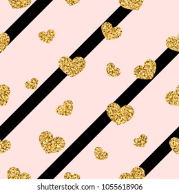 Gold heart seamless pattern. Black-pink geometric stripes, golden confetti-hearts. Symbol of love, Valentine day holiday. Design wallpaper, background, fabric texture Vector illustration