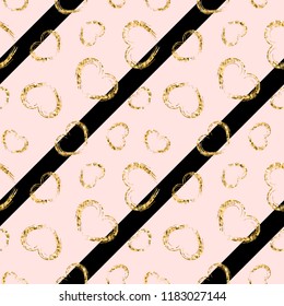 Gold heart seamless pattern. Black-pink geometric stripes, golden grunge confetti-hearts. Symbol of love, Valentine day holiday. Design wallpaper, background, fabric texture Vector illustration