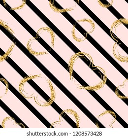 Gold heart seamless pattern. Black-pink geometric stripes, golden grunge confetti-hearts. Symbol of love, Valentine day holiday. Design wallpaper, background, fabric texture Vector illustration
