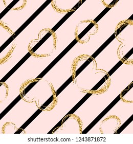 Gold heart seamless pattern. Black-pink geometric stripes, golden grunge confetti-hearts. Symbol of love, Valentine day holiday. Design wallpaper, background, fabric texture Vector illustration