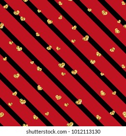 Gold heart seamless pattern. Black-red geometric stripes, golden confetti-hearts. Symbol of love, Valentine day holiday. Design wallpaper, background, fabric texture Vector illustration