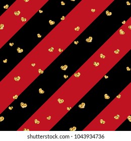 Gold heart seamless pattern. Black-red geometric stripes, golden confetti-hearts. Symbol of love, Valentine day holiday. Design wallpaper, background, fabric texture Vector illustration