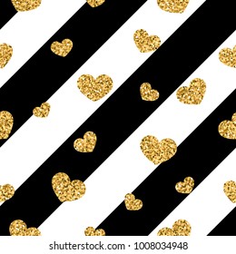 Gold heart seamless pattern. Black-white geometric stripes, golden confetti-hearts. Symbol of love, Valentine day holiday. Design wallpaper, background, fabric texture Vector illustration