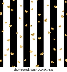 Gold heart seamless pattern. Black-white geometric stripes, golden confetti-hearts. Symbol of love, Valentine day holiday. Design wallpaper, background, fabric texture Vector illustration