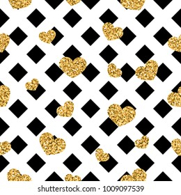 Gold heart seamless pattern. Black-white geometric decoration, golden confetti-hearts. Symbol of love, Valentine day holiday. Design wallpaper, background, fabric texture Vector illustration