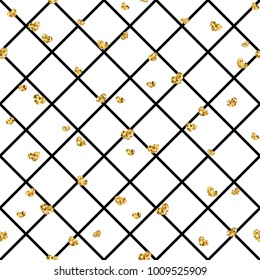 Gold heart seamless pattern. Black-white geometric decoration, golden confetti-hearts. Symbol of love, Valentine day holiday. Design wallpaper, background, fabric texture Vector illustration
