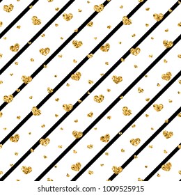 Gold heart seamless pattern. Black-white geometric stripes, golden confetti-hearts. Symbol of love, Valentine day holiday. Design wallpaper, background, fabric texture Vector illustration