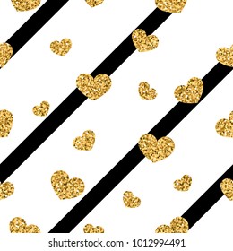 Gold heart seamless pattern. Black-white geometric stripes, golden confetti-hearts. Symbol of love, Valentine day holiday. Design wallpaper, background, fabric texture Vector illustration