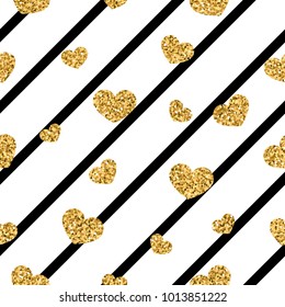Gold heart seamless pattern. Black-white geometric stripes, golden confetti-hearts. Symbol of love, Valentine day holiday. Design wallpaper, background, fabric texture Vector illustration