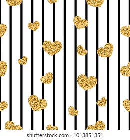 Gold heart seamless pattern. Black-white geometric stripes, golden confetti-hearts. Symbol of love, Valentine day holiday. Design wallpaper, background, fabric texture Vector illustration