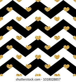 Gold heart seamless pattern. Black-white geometric zig zag, golden confetti-hearts. Symbol of love, Valentine day holiday. Design wallpaper, background, fabric texture Vector illustration