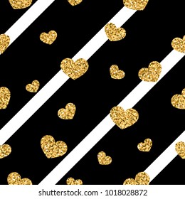 Gold heart seamless pattern. Black-white geometric stripes, golden confetti-hearts. Symbol of love, Valentine day holiday. Design wallpaper, background, fabric texture Vector illustration