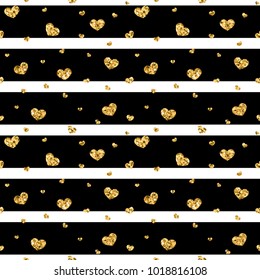 Gold heart seamless pattern. Black-white geometric stripes, golden confetti-hearts. Symbol of love, Valentine day holiday. Design wallpaper, background, fabric texture Vector illustration