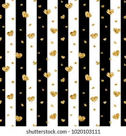 Gold heart seamless pattern. Black-white geometric stripes, golden confetti-hearts. Symbol of love, Valentine day holiday. Design wallpaper, background, fabric texture. Vector illustration