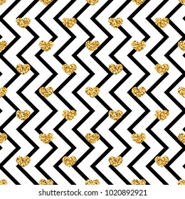Gold heart seamless pattern. Black-white geometric zig zag, golden confetti-hearts. Symbol of love, Valentine day holiday. Design wallpaper, background, fabric texture Vector illustration
