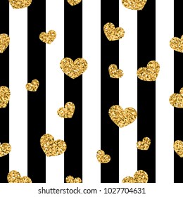 Gold heart seamless pattern. Black-white geometric stripes, golden confetti-hearts. Symbol of love, Valentine day holiday. Design wallpaper, background, fabric texture Vector illustration