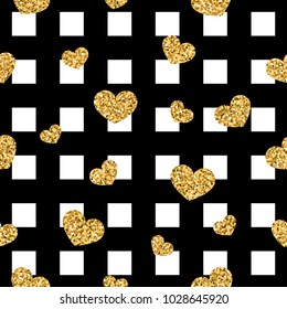 Gold heart seamless pattern. Black-white geometric square, golden confetti-hearts. Symbol of love, Valentine day holiday. Design wallpaper, background, fabric texture Vector illustration
