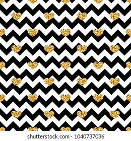 Gold heart seamless pattern. Black-white geometric zig zag, golden confetti-hearts. Symbol of love, Valentine day holiday. Design wallpaper, background, fabric texture Vector illustration