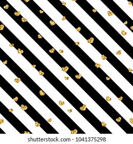 Gold heart seamless pattern. Black-white geometric stripes, golden confetti-hearts. Symbol of love, Valentine day holiday. Design wallpaper, background, fabric texture Vector illustration
