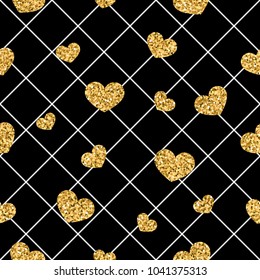 Gold heart seamless pattern. Black-white geometric decoration, golden confetti-hearts. Symbol of love, Valentine day holiday. Design wallpaper, background, fabric texture Vector illustration