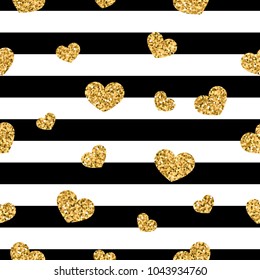 Gold heart seamless pattern. Black-white geometric stripes, golden confetti-hearts. Symbol of love, Valentine day holiday. Design wallpaper, background, fabric texture Vector illustration