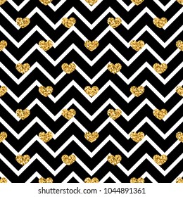 Gold heart seamless pattern. Black-white geometric zig zag, golden confetti-hearts. Symbol of love, Valentine day holiday. Design wallpaper, background, fabric texture Vector illustration