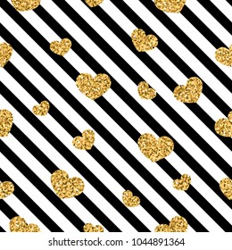 Gold heart seamless pattern. Black-white geometric stripes, golden confetti-hearts. Symbol of love, Valentine day holiday. Design wallpaper, background, fabric texture Vector illustration