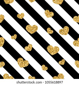 Gold heart seamless pattern. Black-white geometric stripes, golden confetti-hearts. Symbol of love, Valentine day holiday. Design wallpaper, background, fabric texture Vector illustration