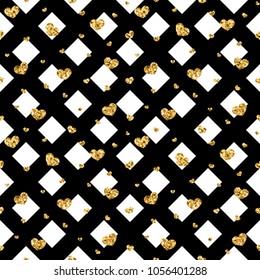 Gold heart seamless pattern. Black-white geometric decoration, golden confetti-hearts. Symbol of love, Valentine day holiday. Design wallpaper, background, fabric texture Vector illustration