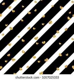 Gold heart seamless pattern. Black-white geometric stripes, golden confetti-hearts. Symbol of love, Valentine day holiday. Design wallpaper, background, fabric texture Vector illustration