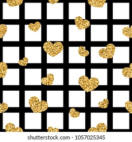 Gold heart seamless pattern. Black-white geometric square, golden confetti-hearts. Symbol of love, Valentine day holiday. Design wallpaper, background, fabric texture Vector illustration