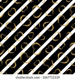 Gold heart seamless pattern. Black-white geometric stripes, golden grunge confetti-hearts. Symbol of love, Valentine day holiday. Design wallpaper, background, fabric texture Vector illustration