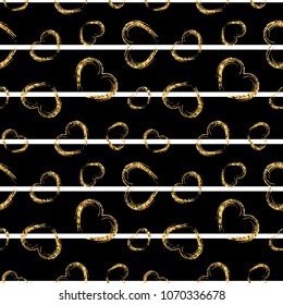 Gold heart seamless pattern. Black-white geometric stripes, golden grunge confetti-hearts. Symbol of love, Valentine day holiday. Design wallpaper, background, fabric texture Vector illustration