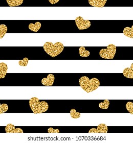 Gold heart seamless pattern. Black-white geometric stripes, golden confetti-hearts. Symbol of love, Valentine day holiday. Design wallpaper, background, fabric texture Vector illustration