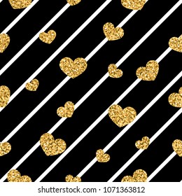 Gold heart seamless pattern. Black-white geometric stripes, golden confetti-hearts. Symbol of love, Valentine day holiday. Design wallpaper, background, fabric texture Vector illustration