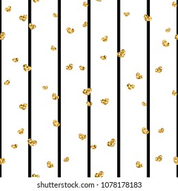 Gold heart seamless pattern. Black-white geometric stripes, golden confetti-hearts. Symbol of love, Valentine day holiday. Design wallpaper, background, fabric texture Vector illustration