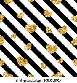 Gold heart seamless pattern. Black-white geometric stripes, golden confetti-hearts. Symbol of love, Valentine day holiday. Design wallpaper, background, fabric texture Vector illustration