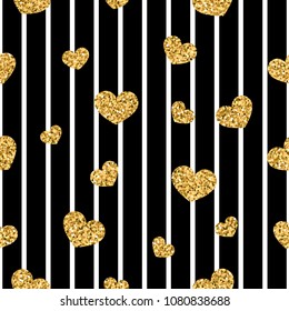 Gold heart seamless pattern. Black-white geometric stripes, golden confetti-hearts. Symbol of love, Valentine day holiday. Design wallpaper, background, fabric texture Vector illustration