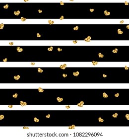 Gold heart seamless pattern. Black-white geometric stripes, golden confetti-hearts. Symbol of love, Valentine day holiday. Design wallpaper, background, fabric texture Vector illustration