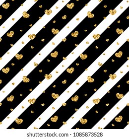 Gold heart seamless pattern. Black-white geometric stripes, golden confetti-hearts. Symbol of love, Valentine day holiday. Design wallpaper, background, fabric texture Vector illustration