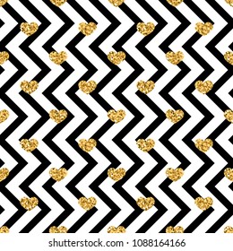 Gold heart seamless pattern. Black-white geometric zig zag, golden confetti-hearts. Symbol of love, Valentine day holiday. Design wallpaper, background, fabric texture Vector illustration
