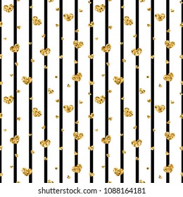 Gold heart seamless pattern. Black-white geometric stripes, golden confetti-hearts. Symbol of love, Valentine day holiday. Design wallpaper, background, fabric texture Vector illustration