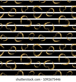 Gold heart seamless pattern. Black-white geometric stripes, golden grunge confetti-hearts. Symbol of love, Valentine day holiday. Design wallpaper, background, fabric texture Vector illustration